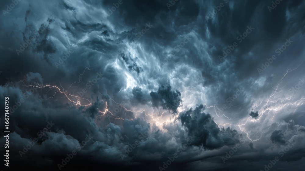 Obraz premium Dark, heavy clouds fill the sky as lightning streaks through the atmosphere. This powerful summer thunderstorm showcases nature's intensity and beauty, captivating onlookers.
