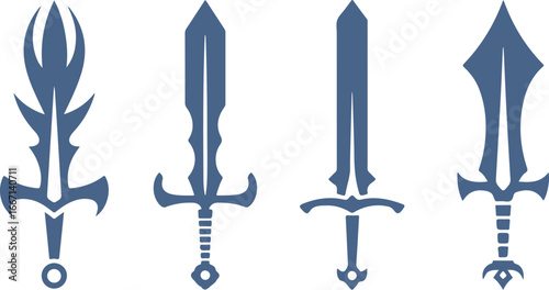 Collection of Four Stylized Blue Swords on White Background