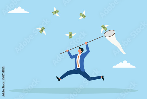 Vector illustration of a businessman catching flying money with a net, symbolizing pursuit of wealth, financial opportunities, investment gains, and economic success