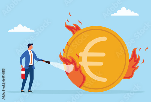 Vector illustration of a businessman using a fire extinguisher to put out flames on a giant burning coin, symbolizing financial crisis management, risk control, and money protection
