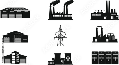 Industrial facility icons, infrastructure silhouettes, factory buildings, power plants, nuclear energy, data centers, warehouses, transmission towers, urban development, construction elements