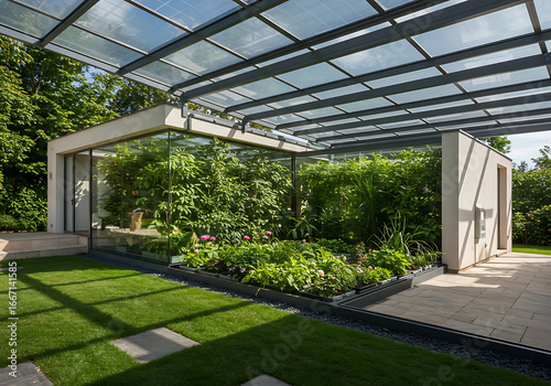 Modern garden structure with transparent roof shelters vibrant plants, blending architecture and greenery in a clean, sunlit outdoor space.