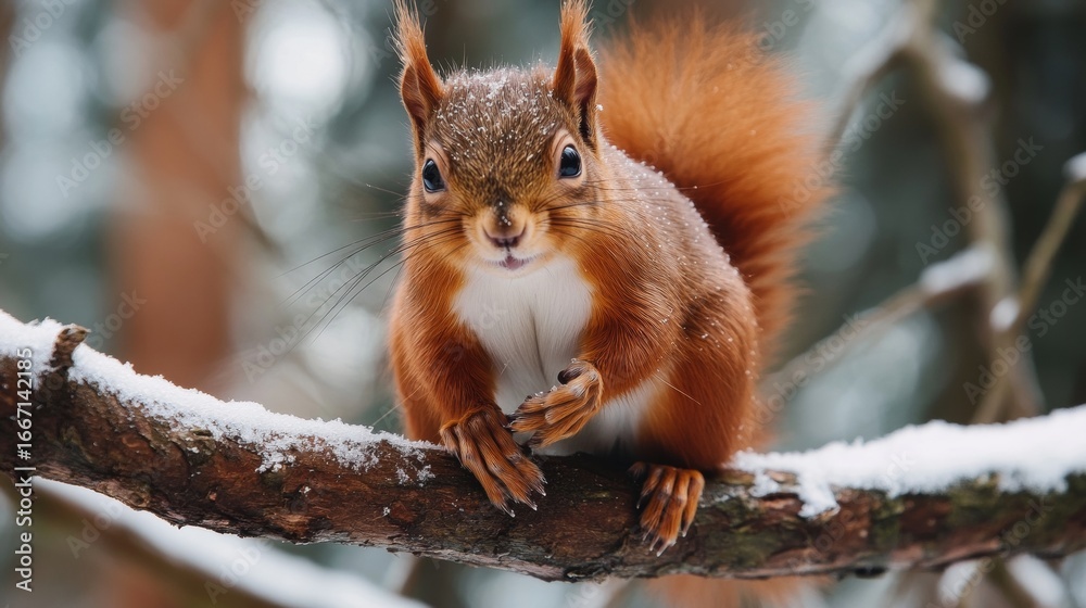 Fototapeta premium Charming red squirrel perched on a branch, showcasing its beauty in a serene winter landscape