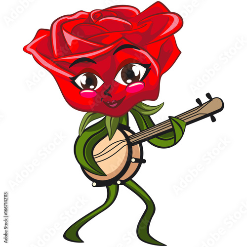 cute red rose flower cartoon mascot character vector illustration playing the banjo musical instrumen, work of hand drawn
