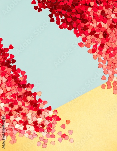Heart-shaped confetti on pastel background