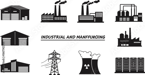 Industrial manufacturing icons, infrastructure silhouettes, factory buildings, power plants, nuclear energy, data centers, warehouses, transmission 