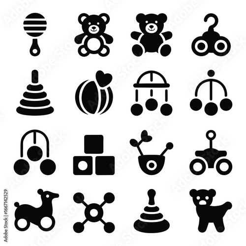 Black silhouette vector icon set of classic baby toys for newborn child development and early childhood learning and entertainment resources