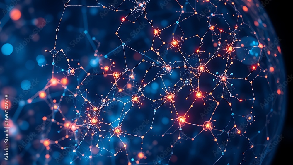 Obraz premium Microscopic neural networks forming glowing memory patterns within a translucent cell membrane.