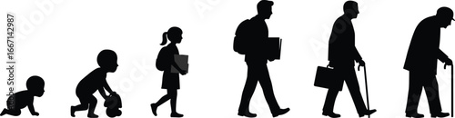Silhouette sequence of human life stages from baby to elderly, aging process, growth, development, evolution, generational change, timeline illustration, concept