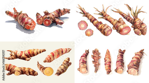 Realistic botanical watercolor illustration of galangal root and rhizomes, ideal for herbal medicine, cooking recipes, packaging, and educational materials.