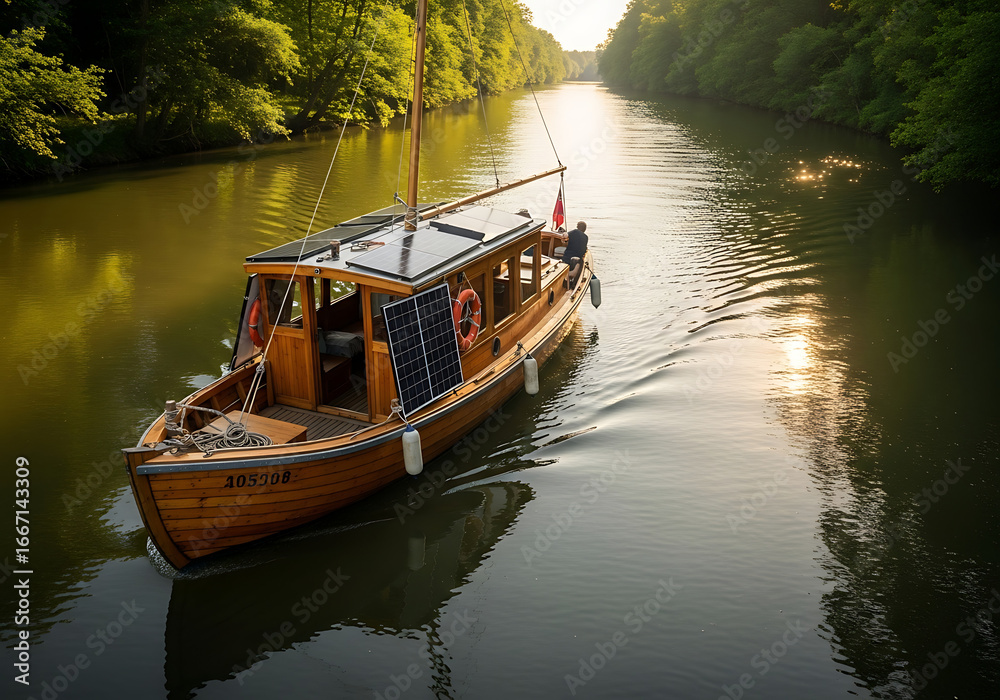 Naklejka premium Wooden boat with solar panels cruises down a calm river surrounded by lush trees, blending traditional design with sustainable technology.