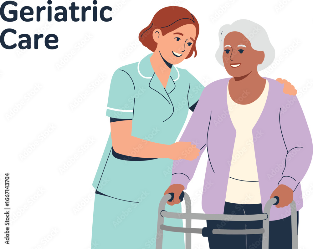 Obraz premium Caring nurse assisting elderly woman with walker vector