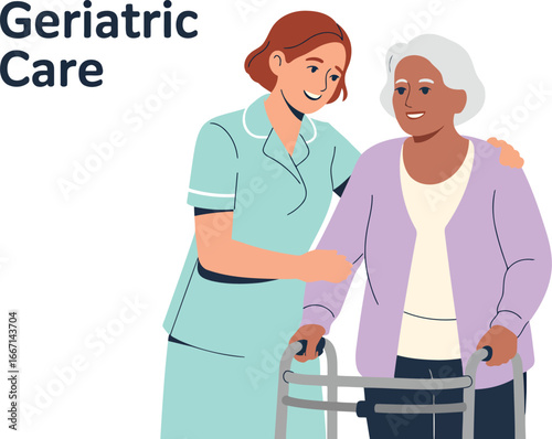 Caring nurse assisting elderly woman with walker vector