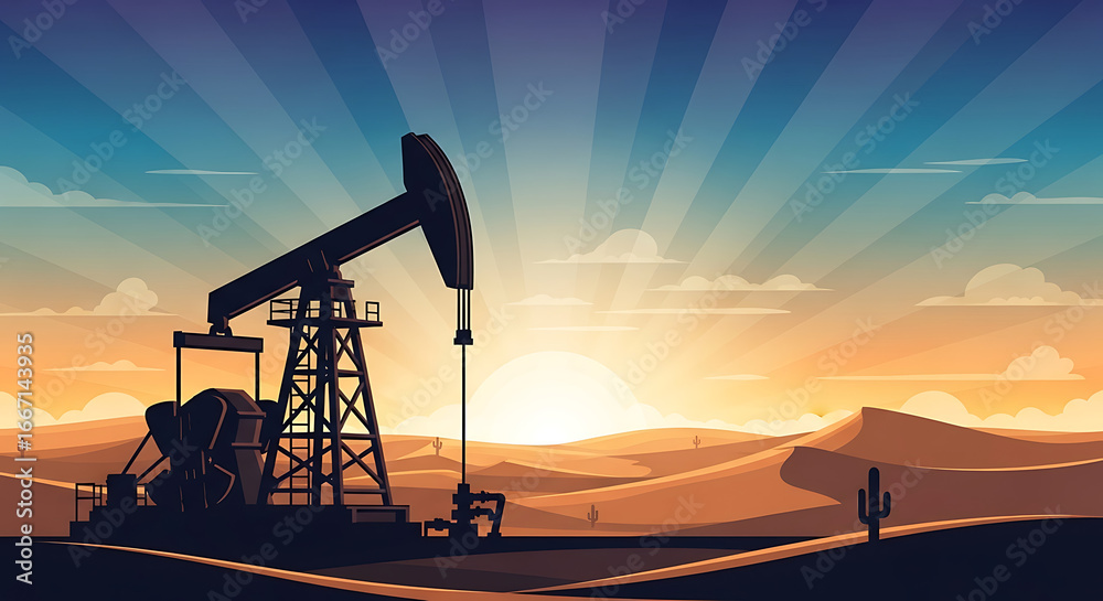 Fototapeta premium Silhouette of an oil pumpjack in a desert landscape at sunset, symbolizing the energy industry and petroleum extraction