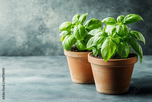 Fresh Basil Plants in Terracotta Pots on a Smooth Countertop With a Gray Back...