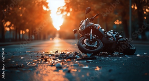 Motorcycle Accident at Sunset on City Street With Shattered Debris Scattered ...