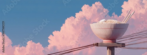 Surreal Bowl of Noodles Against Pink Sky Background