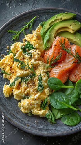Delicious Plate of Scrambled Eggs With Spinach, Smoked Salmon, and Avocado Se...