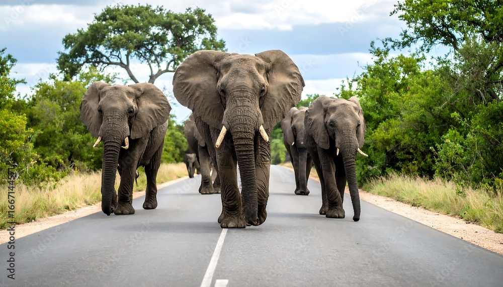 Obraz premium Elephant herd crossing African road.