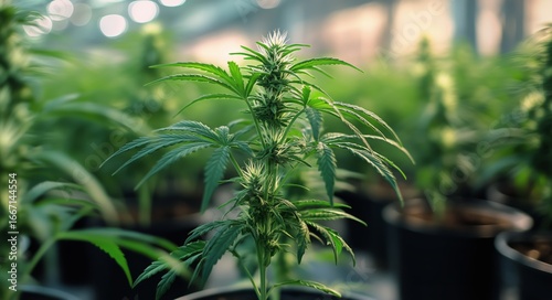Cannabis Plant Growing in a Greenhouse Setting With Lush Greenery and Natural...