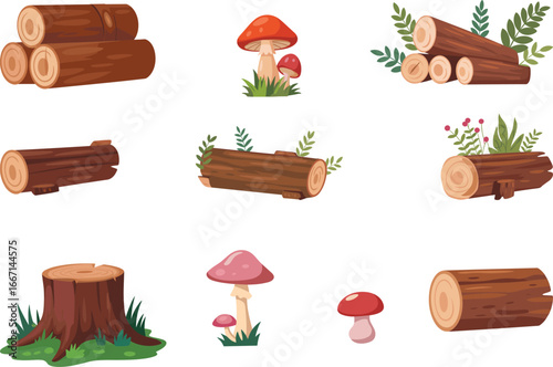 Colorful cartoon forest logs, tree stumps, and mushrooms with grass and leaves, isolated on white background vector nature illustration