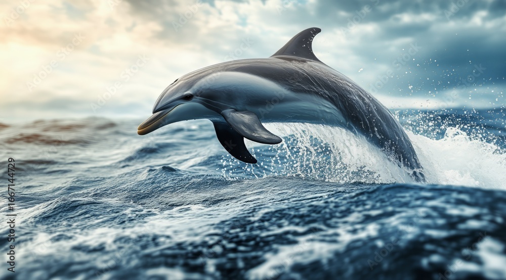 Fototapeta premium Dolphin Jumping Over Ocean Waves at Sunset During a Serene Marine Moment