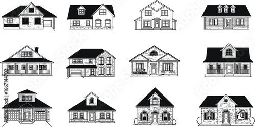 Detailed vector illustration of brick and wood suburban houses with porches, garages, multiple windows, gable roofs, and architectural front facades in black and white