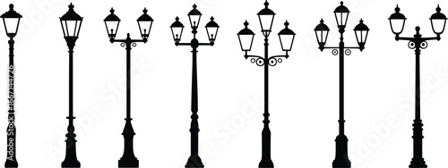 Elegant Vintage Street Lamp Silhouette Set – Urban Retro Lamp Posts for Outdoor Lighting Design, Architectural Illustration, Classic City Decor, and Historical Scenes