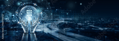 Photography Hand of robot holding web hosting on global network connection, cloud servers, d