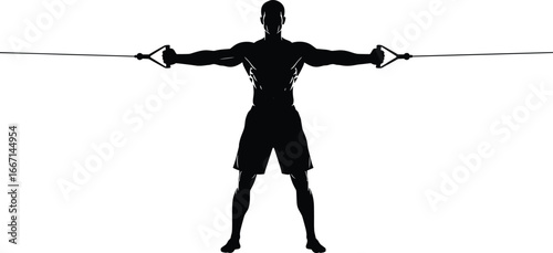 Silhouette, fitness, gym, workout, exercise, cable, crossover, chest, training, bodybuilding, strength, muscle, athlete, sport, resistance, equipment, black, white, illustration, posture