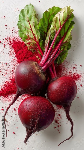 Freshly Harvested Beets With Vibrant Greens and Powdery Texture on a White Ba...