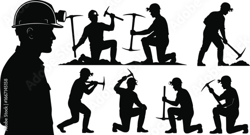 Silhouette, miner, mining, worker, helmet, headlamp, pickaxe, digging, labor, industry, coal, gold, excavation, quarry, underground, job, black, white, illustration, collection