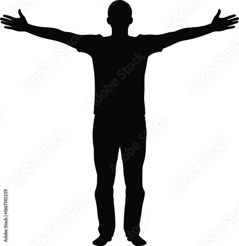 Silhouette, person, standing, arms, extended, T‑pose, posture, body, proportion, balance, anatomy, human, figure, black, white, illustration, design, concept, stance, shape