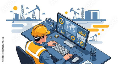 Focused engineer monitors and analyzes operational data on a computer, with an oil field background, highlighting technology and digital management in the energy industry