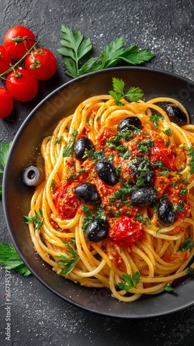 Delicious Spaghetti With Tomato Sauce and Olives Served on a Black Plate With...