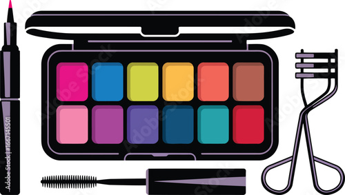 Colorful makeup palette mascara and eyelash curler beauty cosmetics