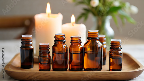 A collection of amber glass essential oil bottles are arranged on a wooden tray with lit candles and a vase of flowers in the background, creating a serene spa atmosphere