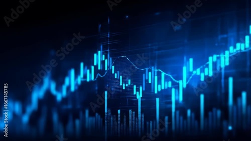 Abstract display of financial data.  Blue stock market graphs on a dark background, showing fluctuating trends and data points.  A digital graphic representation of financial market data