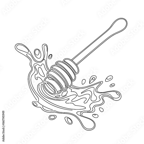 Line art illustration of a honey dipper in a splash of honey