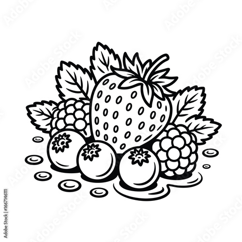 Line art illustration of a pile of fresh berries including strawberries blueberries and raspberries