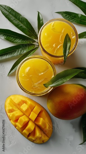 Refreshing Mango Juice Served in Glasses With Fresh Mango and Green Leaves.
