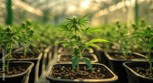 Cannabis Plant Growing in a Greenhouse Setting With Lush Greenery and Natural...