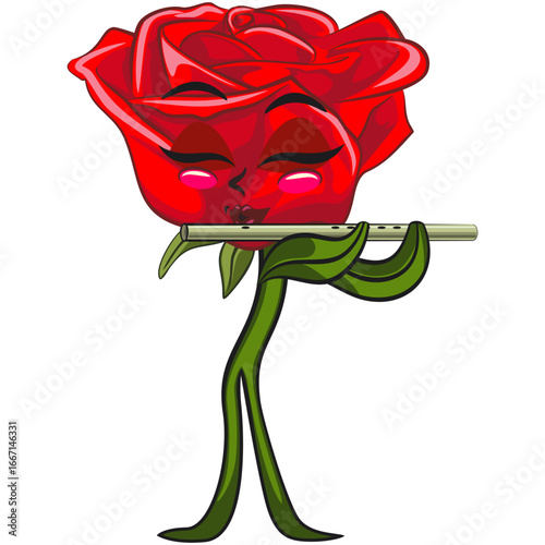 cute red rose flower cartoon mascot character vector illustration playing the flute, work of hand drawn