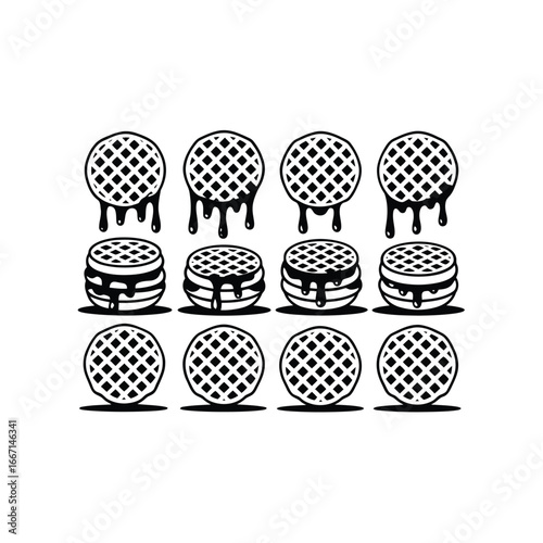 Collection of waffle icons with dripping syrup or chocolate