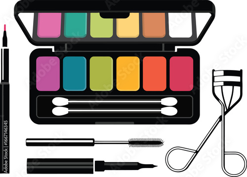 Colorful makeup palette with brushes and curler eyeshadow colors
