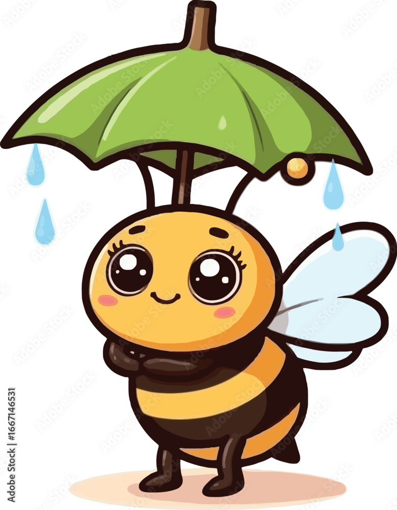 Obraz premium Cute cartoon bee under a green umbrella in the rain