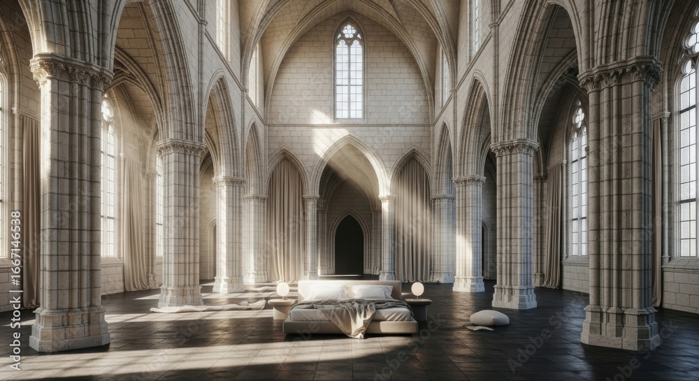 Fototapeta premium Majestic Gothic Cathedral Interior with Sunlight Beams