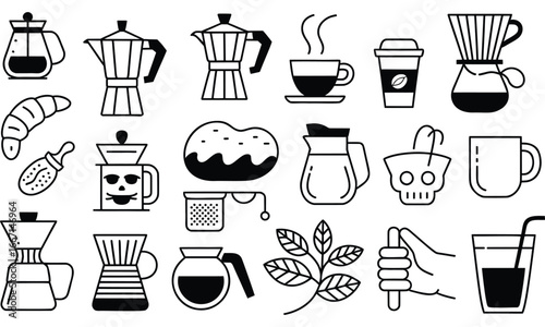 Coffee Shop Icons Set Black and White Line Art Design Delicious Drinks and Coffee Making Equipment for Cafe Menus and Logos