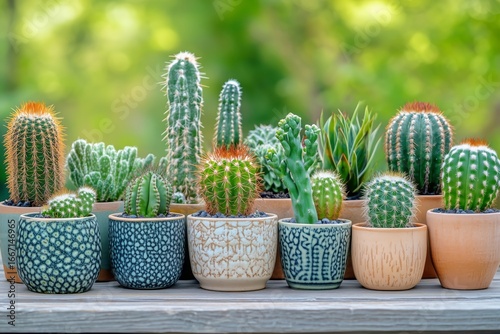 Beautiful Collection of Potted Cacti in Various Shapes on a Wooden Table Outd...
