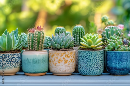 Collection of Vibrant Cacti and Succulents Arranged on a Wooden Table in a Su...